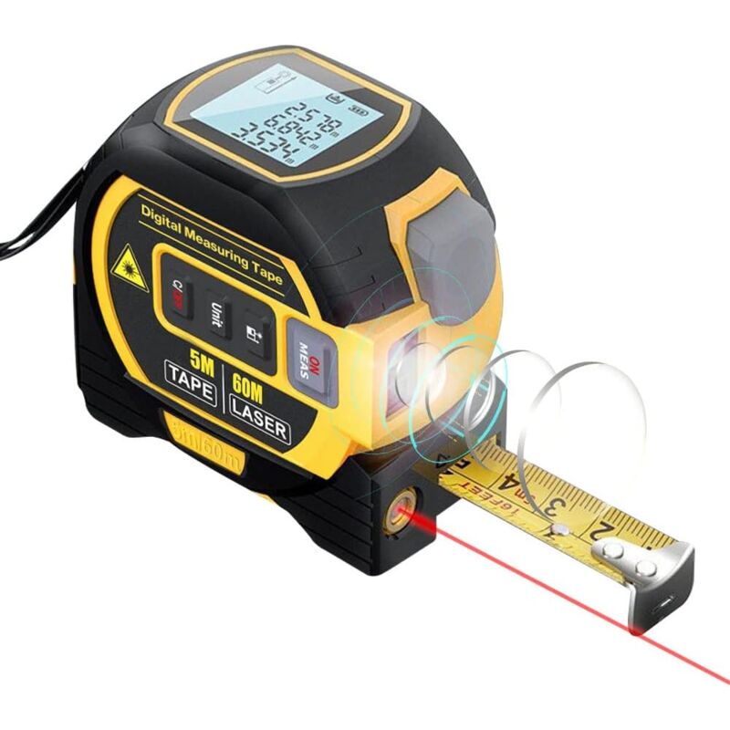 Télémètre laser 3 en 1 ,Portée jusqu'à 60 m ,Avec laser en croix ,Mètre ruban ,Mémoire pour 20 valeurs de mesure ,Ruban de 5M, Outil de Mesure Laser,