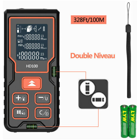 Telemetre Laser Numerique 100m Ecart 2mm LCD Retro eclairage 2 Niveaux de Bulles Mesure de Distance Surface Volume Pythagore