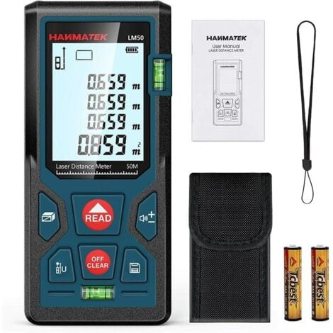 Télémètre laser numérique, LM50 50 m Lasermètre numérique, théorème de longueur/surface/volume/théorème de Pythagore avec rétroéclairage LCD, IP54（50m）