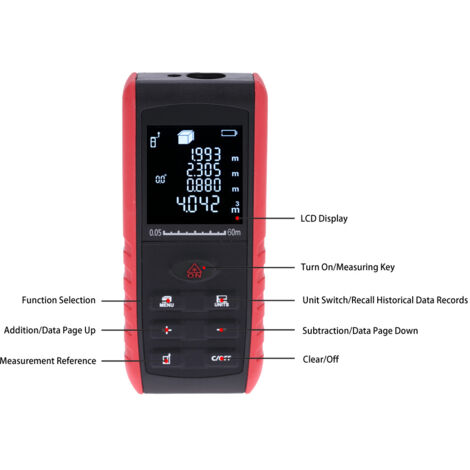 Télémètre laser numérique portable de 60 m avec indication d'angle, mesure de surface et de volume.