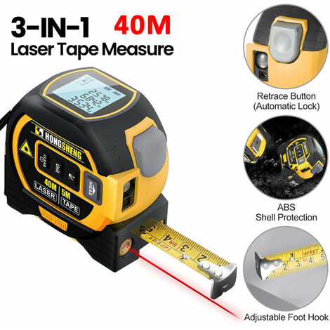 Telemetre laser Ruban a mesurer 3 en 1 avec ecran LCD retroeclaire Dispositif de mesure de batiment Volumes de surface Jaune 40m