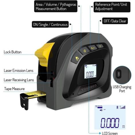 Telemetro laser con schermo LCD retroilluminato, metro a nastro, telemetro laser da 40 m, metro a nastro da 5 m, laser per misurazioni, portatile, ricaricabile