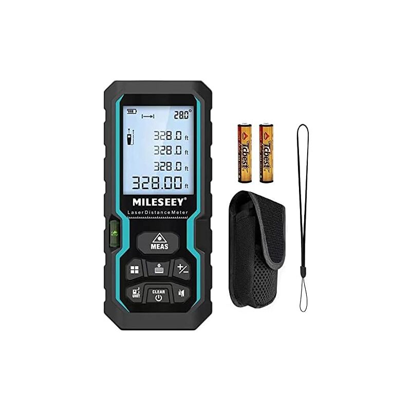 Mileseey - Telémetro láser digital 100m/328ft Medición láser con nivel electrónico y retroiluminación lcd, IP54 m/in/ft/ft+in Medición pitagórica