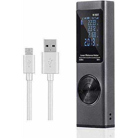 Telemetro laser LangRay 80m, misuratore laser digitale ricaricabile USB, retroilluminazione LCD, angolo elettronico, misura lunghezza / area / volume / teorema di Pitagora IP54 (grigio)