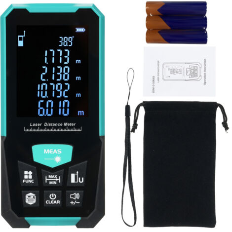 Telémetro profesional con cinta métrica de 100 m / 328 pies, modos de medición continua, volúmenes y áreas, fórmula de Pitágoras, carga USB.