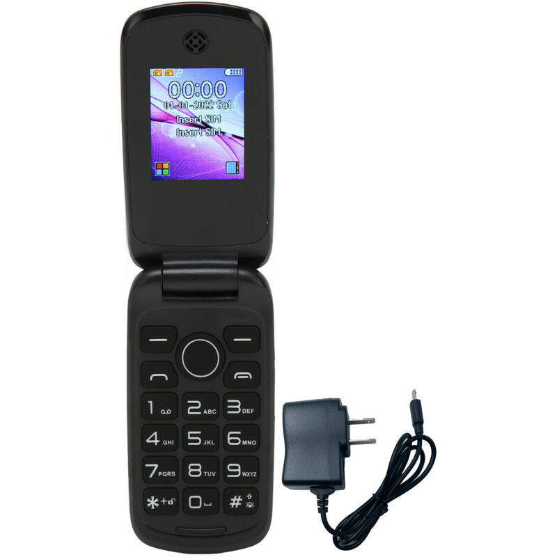 Téléphone à clapet 2G Double SIM avec écran couleur 1,77 pouces, batterie 1200mAh, chargeur US bleu 100‑240V