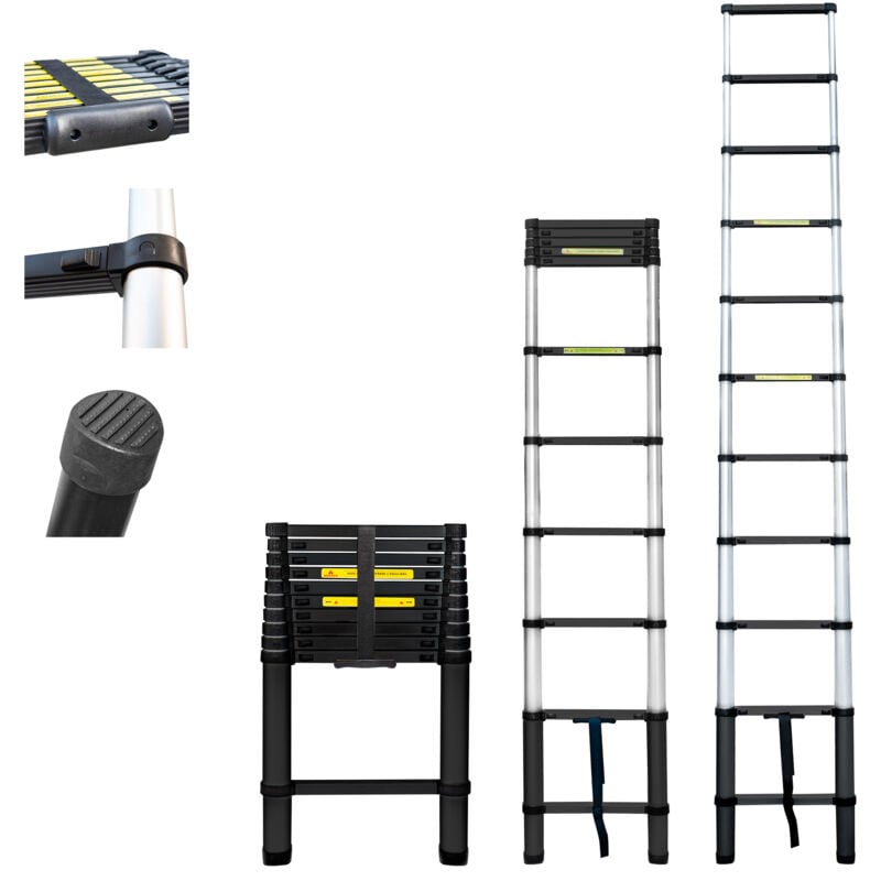 Echelle telescopique 3,2m TELESCOO11, Aluminium, Pliable, Extensible, Hauteur de travail max 4,1m, Standart EN131, Garantie 5 ans, Hostrom