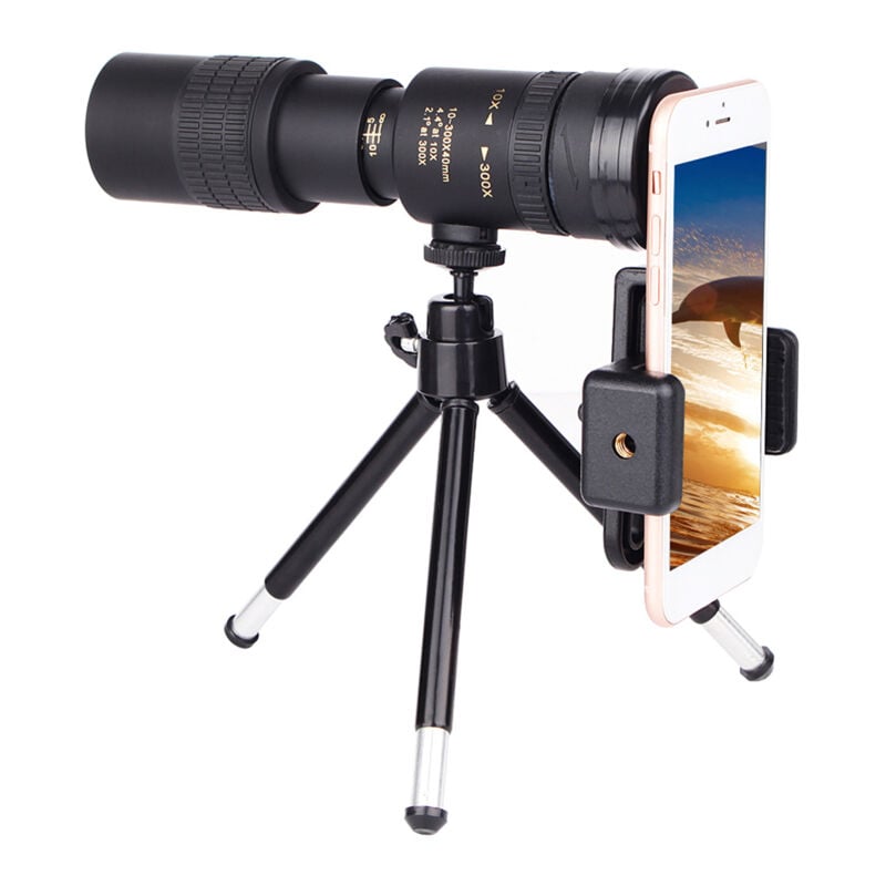Télescope monoculaire à prisme BAK4 10-300X40mm avec support pour smartphone et trépied pour adultes, observation des oiseaux, camping, randonnée
