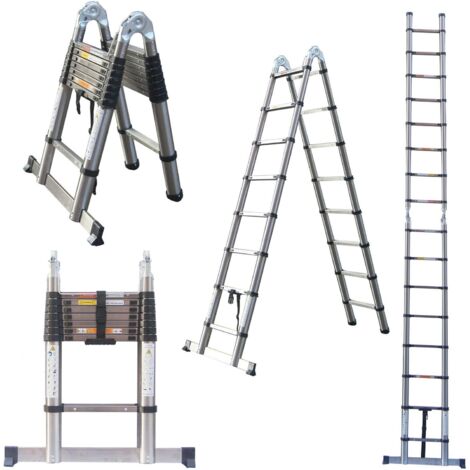 Telescopic Folding Ladder 2.5M+2.5M Multi Purpose Collapsible Concertina Loft Ladders, Stainless Steel A-Frame Ladder Heavy Duty Sturdy Straight Ladders, Maximum Height 16.4FT/ 5M