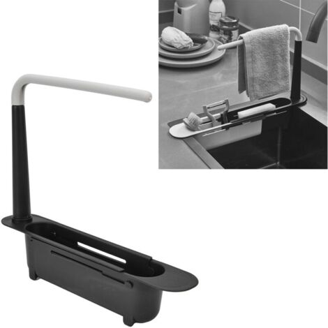 Telescopic kitchen sink storage rack, adjustable length, large capacity, made of polypropylene, extendable, black