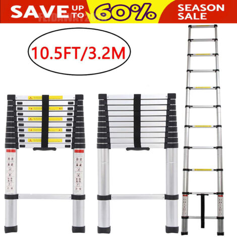 Telescopic Ladder 3.2m Extension Ladder, Stainless Steel Telescopic Extension Extendable Ladder, Roof Ladders for Home, Multi-Purpose Compact Ladder