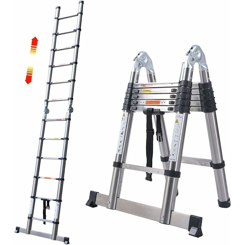 Briefness - Telescopic Ladder 3.8M Attic Ladders Stainless Steel Folding Ladder with stabiliser Bar Load 330LBS, Muilti-Purpose Foldable & Extendable