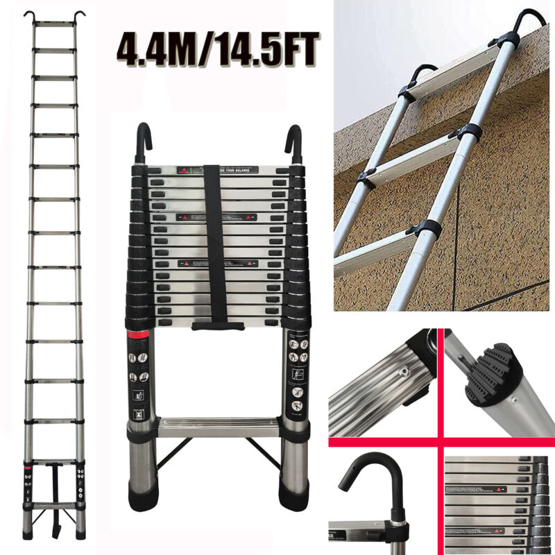 Dayplus - Telescopic Ladder 4.4M Portable Attic Ladder Heavy Duty Stainless Steel 14 Step