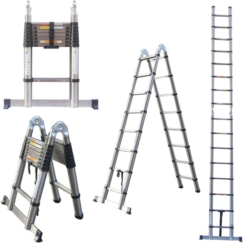 Telescopic Ladder 5M a Frame Stainless Steel Extension Extend Portable Ladder Foldable Ladder Multi Purpose Loft Ladder, 330 pound/150 kg Capacity,