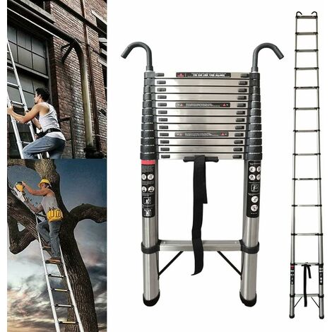 Telescopic Ladder 5m Extension Ladder with 2 Detachable Hooks, Stainless Steel Telescopic Extension Extendable Ladder Roof Ladders for Home, Compact Ladder for Household Dailys, 330Lb Capacity EN131