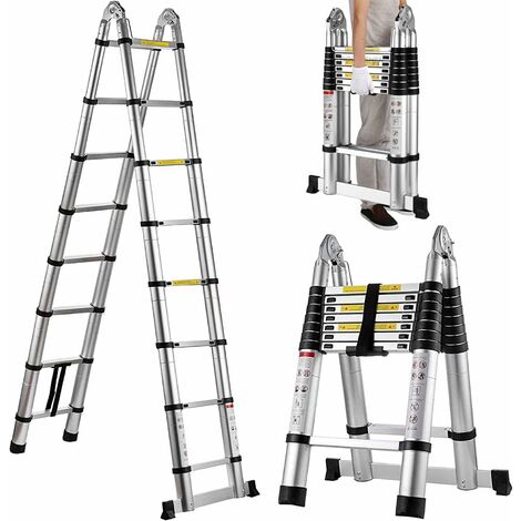 Telescopic Ladder A Frame Aluminum 5m/16.4ft, Telescoping Ladder for Home, Portable Folding Ladder Lightweight 330lb Load Capacity with Stabilizer Bar Anti-Slip