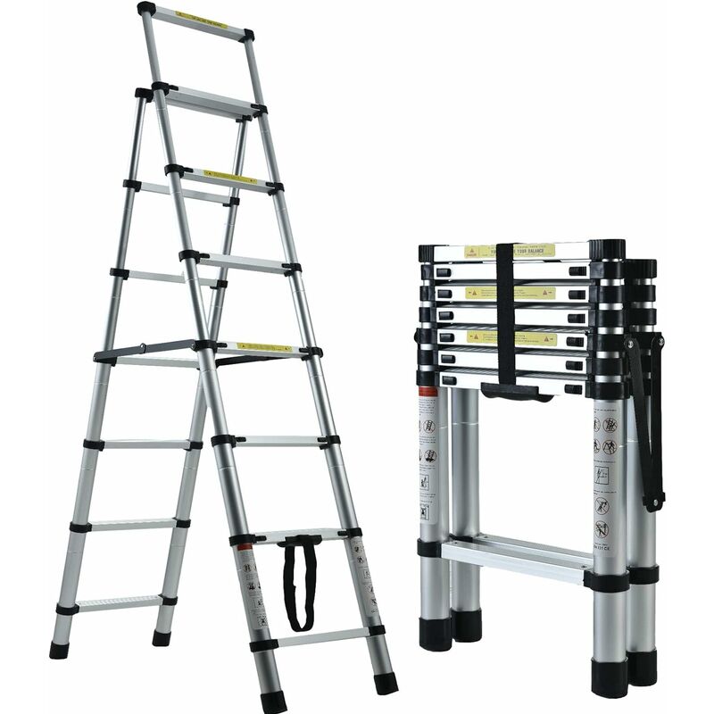 Telescopic Ladder, Portable 6+7 Steps Aluminium Extension Ladder, A-Frame Multi-Purpose Anti-Slip Extendable Loft Ladder Folding Ladder Lightweight