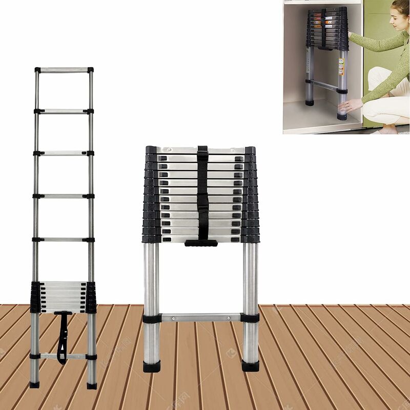 Briefness - Telescopic Ladder 3.8M/10.5FT Stainless Steel Extension Ladder Multi Purpose Extendable Loft Ladder Portable Folding Ladder, 13 Steps,