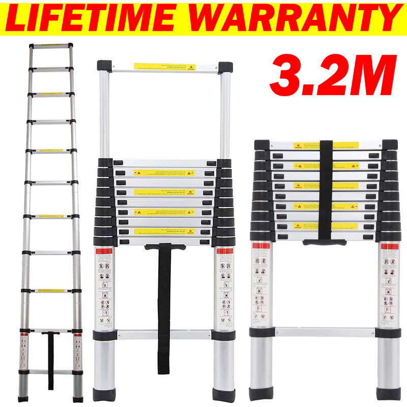 Telescopic Loft Ladder Collapsible Step Ladders Securing Bolt 3.2m/10.5Ft 3.2M EN131 Extendable Alminium Ladders Folding Extending Portable 11 Steps