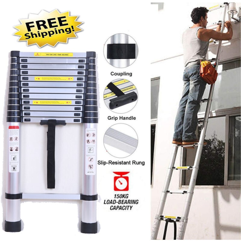 Telescopic Loft Step Ladder 5M Extendable Folding Ladders & Safety Securing Bolt