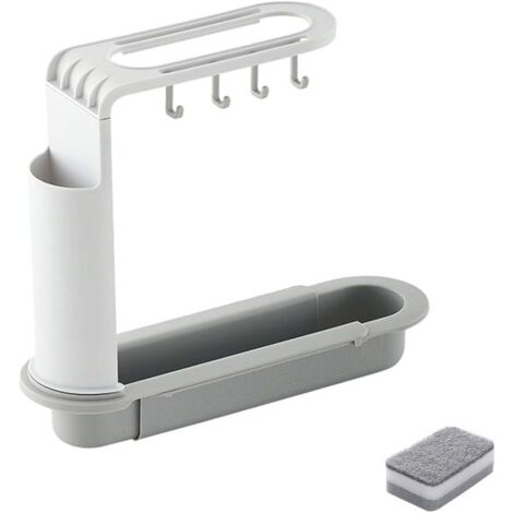 Telescopic Sink Storage Rack, Adjustable Dish Rack, Kitchen Sink Drainage Basket with Cleaning Sponge (Gray)