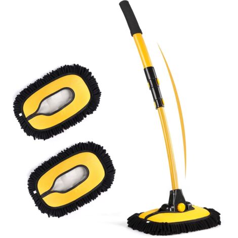 Telescopic Wash Brush with Telescopic Handle, Car Wash Brush with Long Handle for Cars, RVs, SUVs, Trucks, with 2 Mop Heads, Yellow