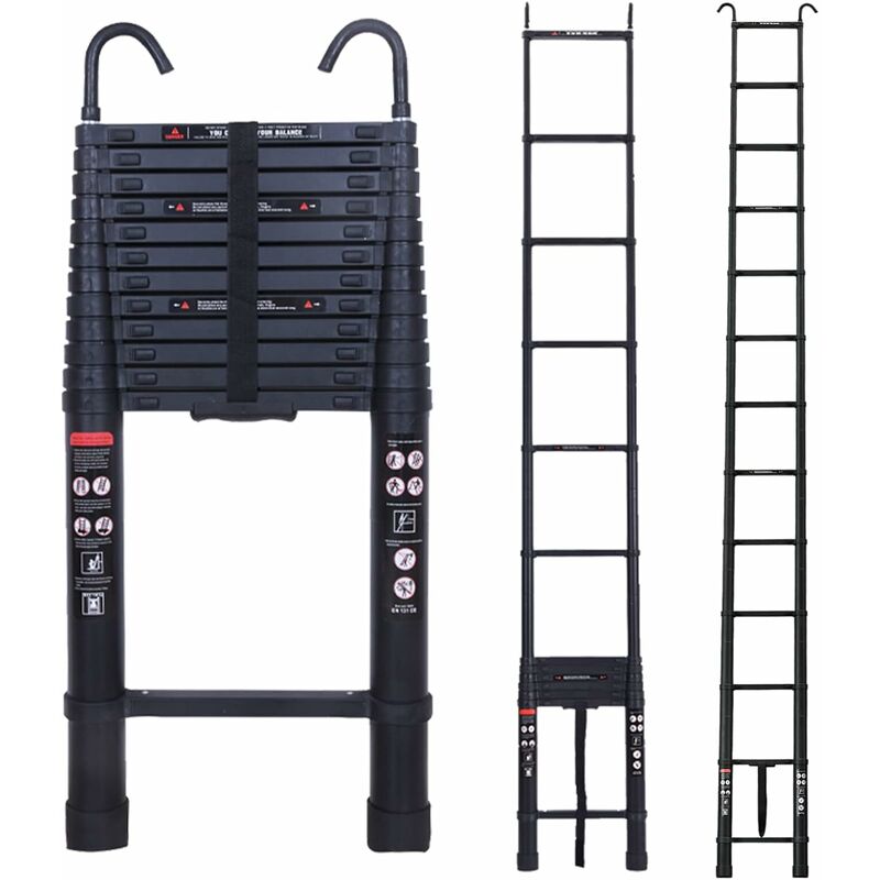 Telescoping Extension Ladder 16.5FT Aluminum Black Folding Ladder Loft Attic Ladder with 2 Detachable Hooks Non-Slip Securing Strap Easy to Store