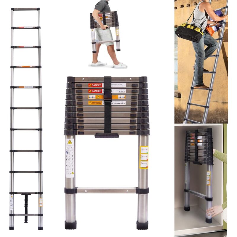 Briefness - Telescoping Ladder, 10.5FT/3.2m Stainless Steel Extension Ladder for Home, Collapsible Ladders 330 Lb Max Capacity, Multi-Purpose