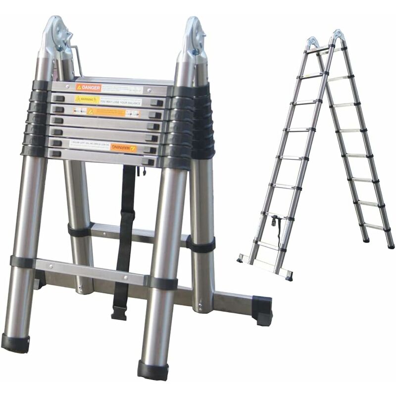 Telescoping Ladder 16.5 Feet Steel Telescopic Ladder 2-IN-1 A-Frame/Straight Heavy Duty Collapsible Ladder with Support Bar Sturdy & Solid Not Easy