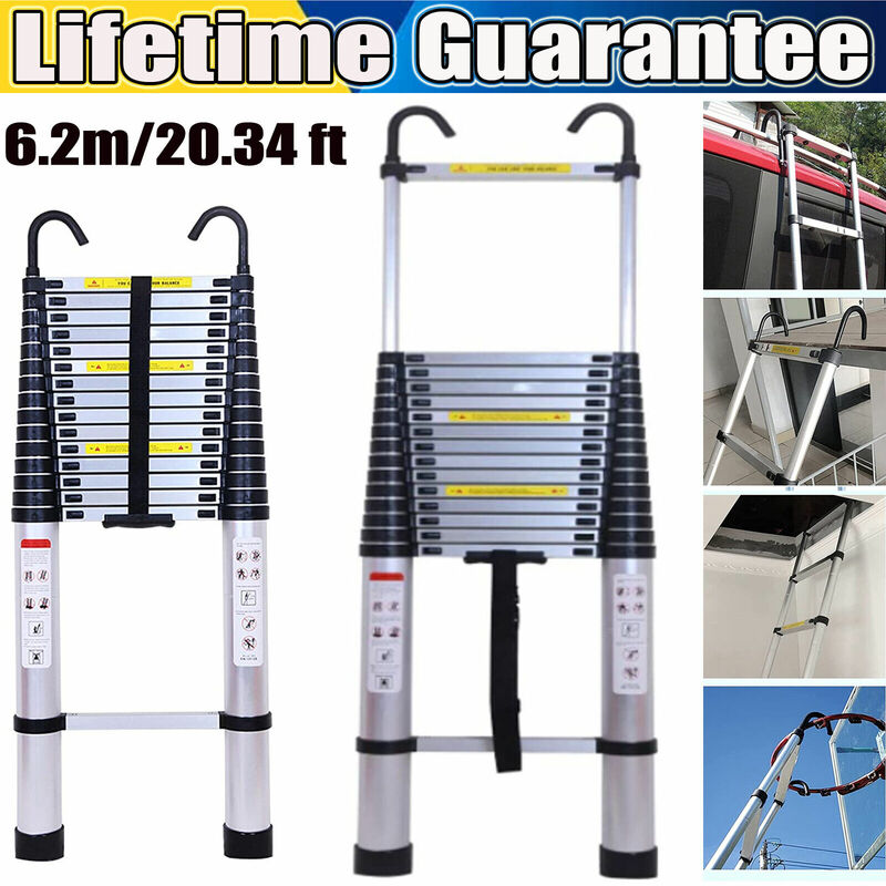 Telescoping Ladder 20ft 6.2M Aluminum Folding Loft Ladder with 2 Detachable Hook