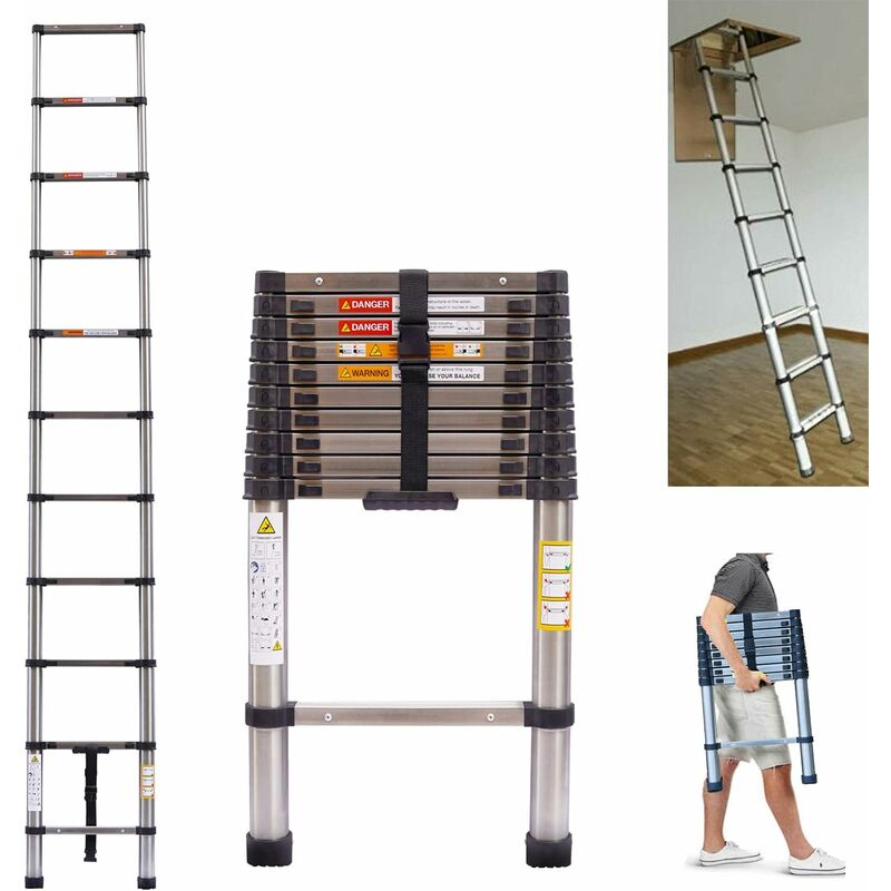 Telescoping Ladder Portable Telescopic Extension 3.2M Tall Multi Purpose Loft Ladder, Folding Retractable Library Ladder with Adjustable Step for