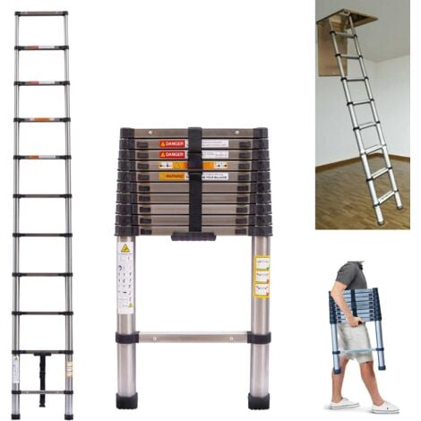 BRIEFNESS Telescoping Ladder Portable Telescopic Extension 3.2M Tall Multi Purpose Loft Ladder, Folding Retractable Library Ladder with Adjustable Step for Roof Work Window Cleaning, Indoor Decorating