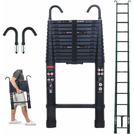 Telescoping Ladder with 2 Detachable Roof Hooks, 16 FT Aluminum Extension Ladder Step Ladders Loft Ladder Attic Ladder Collapsible Ladders for Home, Multi-Purpose Telescopic Ladder