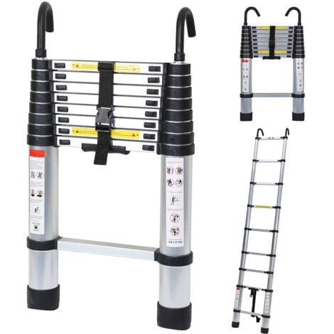 RANDACO Teleskopleiter Ausziehleiter Klappleiter Stabil Aluminium Stehleiter 2,6m Silber mit haken