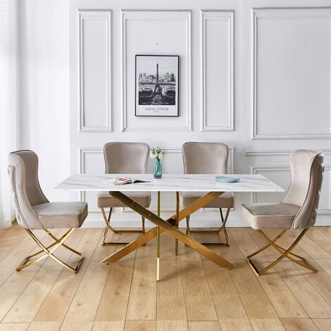 TELMA - Table à manger rectangulaire design verre marbré et pieds dorés - Blanc
