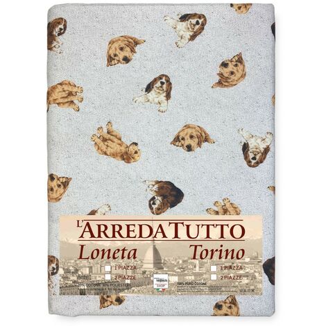 TELO ARREDO copritutto GRAN FOULARD COPRILETTO copridivano tessuto DIGITY CANI grigio chiaro in puro cotone 2 PIAZZE