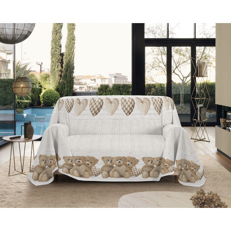 Telo Arredo Made in Italy in Cotone Grandfoulard Copritutto Copridivano Copriletto-Teli Sofà Arredatutto-Drappeggio-Arazzo-Copridivano Grand Foulard Letto Singolo - Orsetti Beige