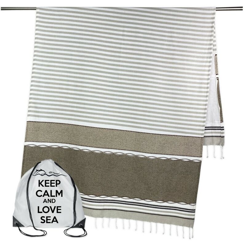 TELO MARE fouta BOY BEIGE misura GRANDE con zaino Spiaggia KEEP CALM CM.100X200