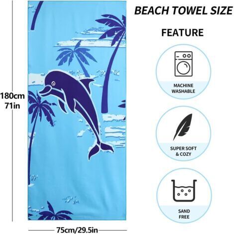 Telo mare grande, 180 x 100 cm, in microfibra, ad asciugatura rapida e anti-sabbia, ideale per spiaggia, piscina e lettini (con motivo palme da cocco e delfini).