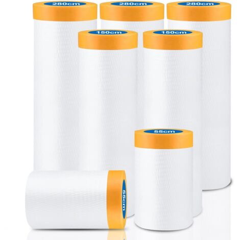 Telo protettivo per vernice da 140 m-7 rotoli, Master per mascheratura con telone protettivo in plastica, 3 dimensioni di pellicola con nastro adesivo, 2,8x20 M, 1,5x20 M, 0,55x20 M (140 m/3 dimension
