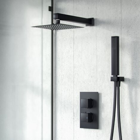Temel 2 Dial 2 Way Thermostatic Mixer Valve, 200mm Shower Head, Handset Shower Set Matte Black