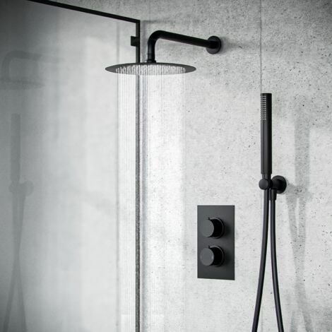 Temel Black Matt Round Concealed Thermostatic Mixer Valve Hand Held Shower Set