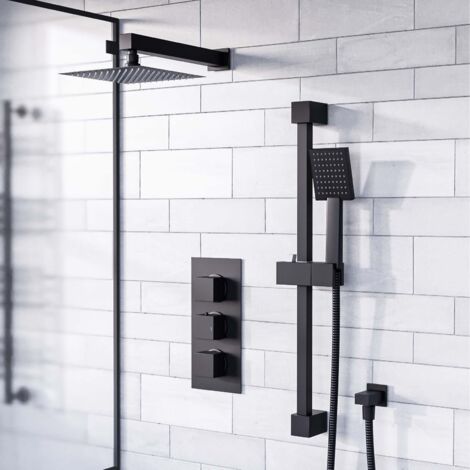 Temel Concealed Thermostatic Mixer Valve, Slider Rail & Shower Head Set Matte Black