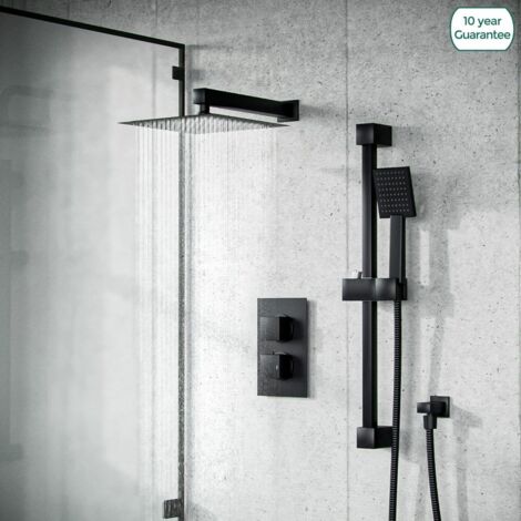 Temel Matt Black Rainfall Shower Head with Hand Held and Thermostatic Valve Set