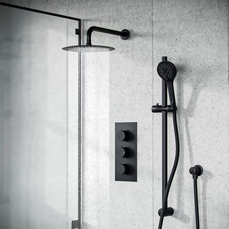 Temel Overhead Rainfall Shower Matt Black Thermostatic Mixer Valve and Handheld