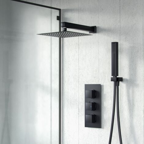 Temel Square Shower Head Concealed Thermostatic Mixer Valve, Handset & Shower Head Matte Black
