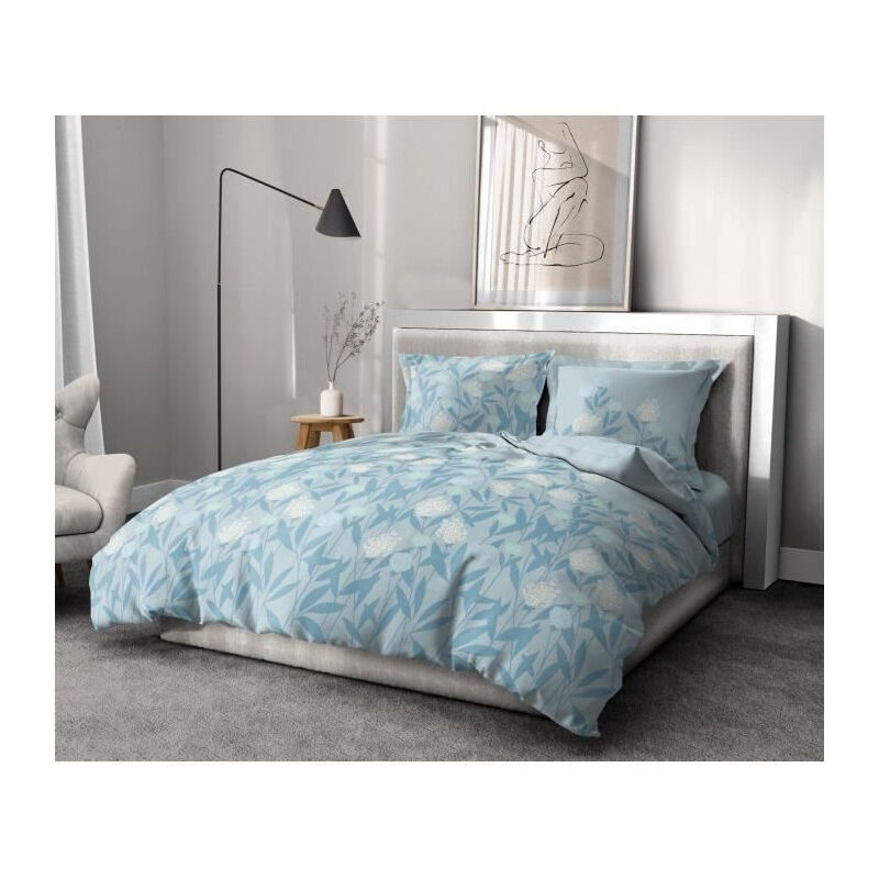 Home Linge Passion - Parure de couette Tempete Florale - 3 Pcs - 240 x 260 - 100% Coton 57 Fils - Bleu