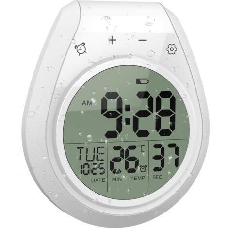 Temporizador de ducha impermeable, reloj de pared digital para baño y cocina con pantalla LCD, formato de 12/24 horas, indicador de temperatura, temporizador de cuenta regresiva, ventosa y orificio pa