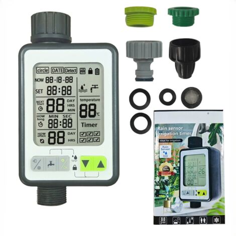 Temporizador de riego automático para jardín o balcón con pantalla grande y controlador de nebulización inteligente.