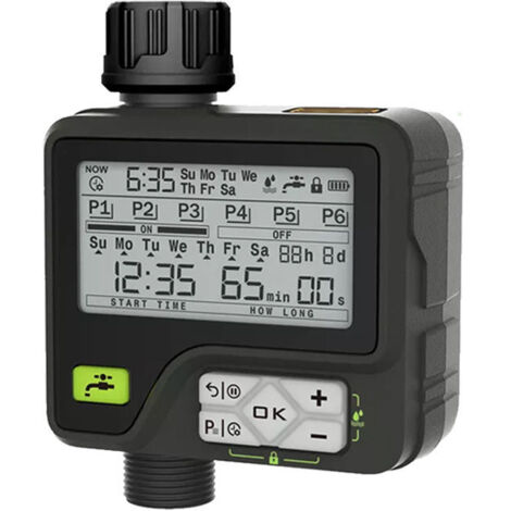 Temporizador de riego automático, programador de riego automático con 6 programas independientes, frecuencia de ciclo semanal/diaria/horaria, riego automático del jardín con sensor de lluvia.